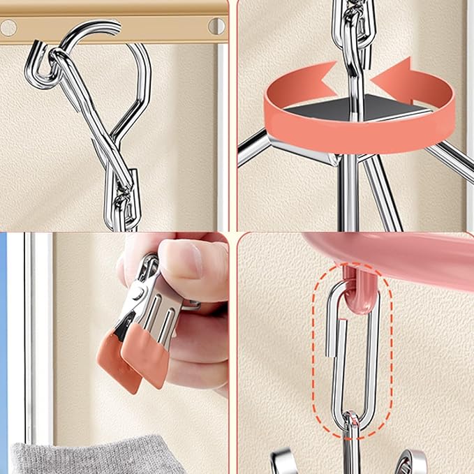 Drying Rack for Sock, Stainless Steel Sock Drying Rack with 24 Clips, Swivel Hook Windproof Hanger for Sock, Bras, Towel, Underwear, Laundry, Hat, Scarf, Pants, Gloves (Gray)