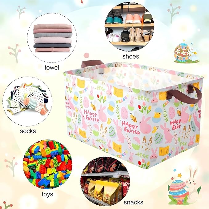 Vesici 6 Pack Large Easter Baskets for Gifts Empty Easter Storage Bins Foldable Bunny Rabbit Eggs Storage Basket Rectangular Canvas Boxes with Handle for Books Clothes