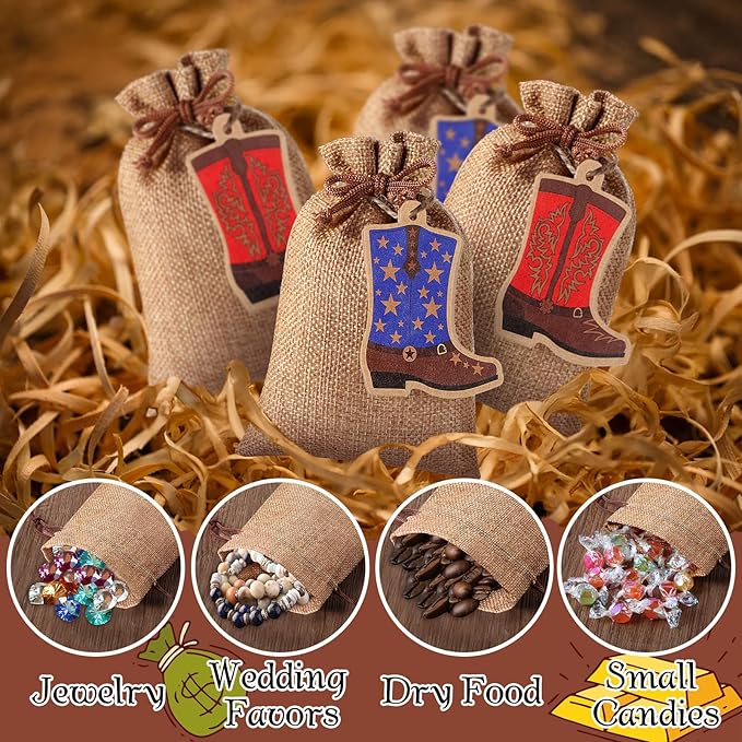 Mooliwe 50 Pcs Burlap Drawstring Bags with Boot Shape Tags, Western Cowgirl Gift Sacks Bulk 4 x 6 Inches Reusable Burlap Candy Pouch for Bachelorette Cowboy Baby Shower Wedding Party Favor(Red Blue)
