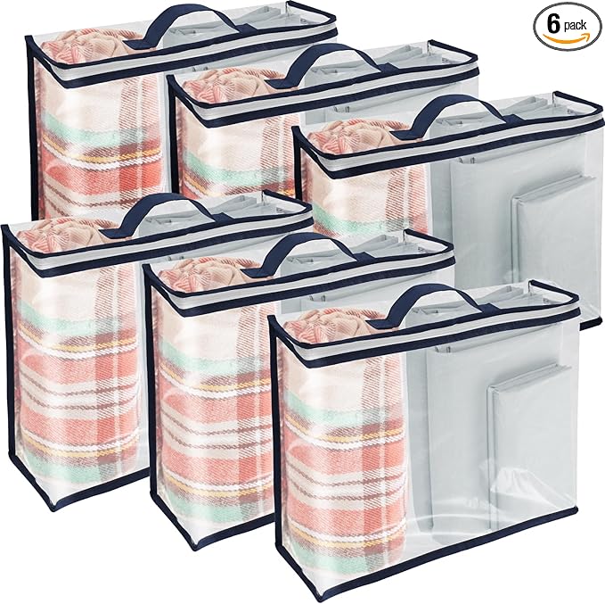 6 Packs Clear PVC Organizing Bags with Zipper Storage Bags Waterproof Dustproof Blankets Bed Sheet Storage Bag 15.7x11.8x3.9 Inch with Handle