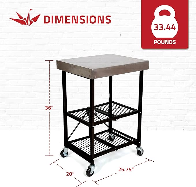 Origami Foldable Kitchen Island Cart, Rolling Storage Table Organizer with Wheels, Black