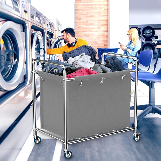 Commercial Laundry Cart with Wheels, 440 lbs Heavy Duty Industrial Laundry Cart with Sturdy Frame and Oxford Bag for Home Hotel Hospital, Rolling Laundry Cart for Home & Hotel, 400L(Grey)