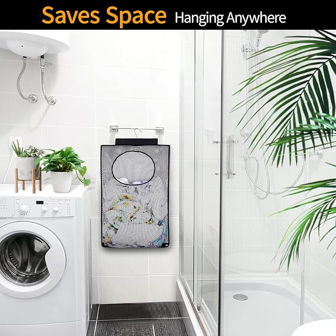 Breathable Mesh Laundry Hamper, Bringing Hooks Foldable Hanging Shower Caddy, Fast Drying Portable Space Saving Storage Bag, Applied to College Dorm Rooms, Gym, Swimming and RV Travel (Black)
