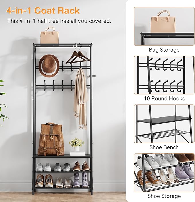 Coat Rack Shoe Bench with Double-Row 10 Hooks 60cm Width, 3-Tier Shelf Entryway Hall Tree with Storage, Metal Frame Multifunctional Organizer, 4-in-1 Coat Rack for Bathroom, Hallway.Black.