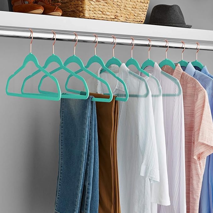 VECELO Premium Velvet Clothes Hangers Suit Heavy Duty (60 Pack)-Non Slip & Space-Saving with 8 Finger Clips & Tie Rack Excellent for Men and Women,Light Teal