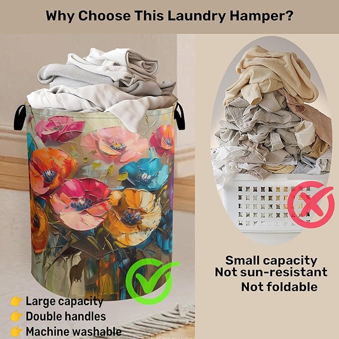 Modern Floral Oil Painting Laundry Basket - Heavy Duty 60L Dirty Clothes Organizer, Water Resistant Foldable Hamper for Men Women