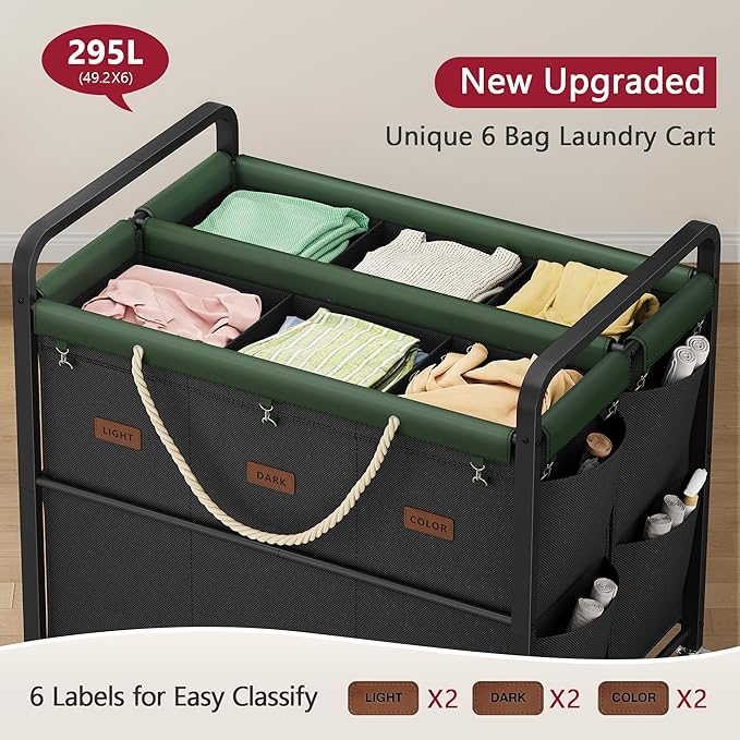 Tajsoon 295L Extra Large Laundry Sorter 6 Section, Heavy Duty Laundry Basket with Lockable Wheels, Laundry Cart with Sturdy Metal Frame, Leather Patchwork Laundry Separated with Removable Bags, Black