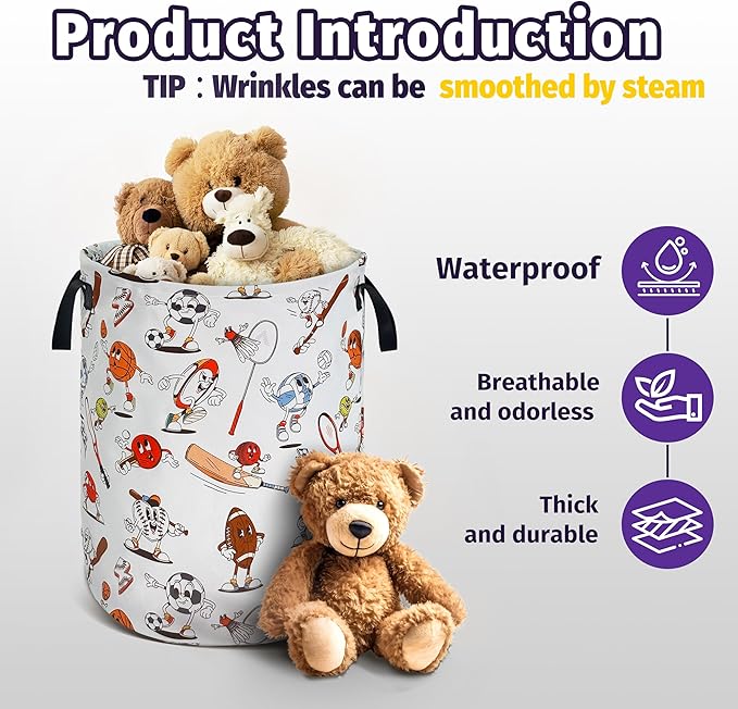 Cartoon Balls Laundry Basket Foldable Waterproof Oxford Cloth With Handle Portable Sports Theme Storage Basket Organizer Suitable For Laundry Room/Bedroom/Children'S Room (18.9 X 16.5 Inch)