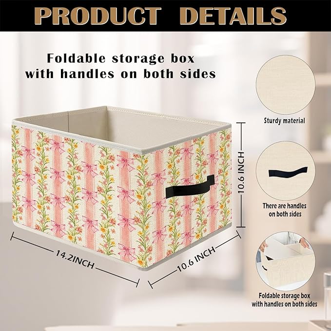 Pink Striped Bow Floral Storage Bin Box with Handles, Grandmillennial Shabby Chic Flower Botanical Foldable Organizer Basket Toybox for Girls Room Bedroom Bathroom Clothes Toys Books