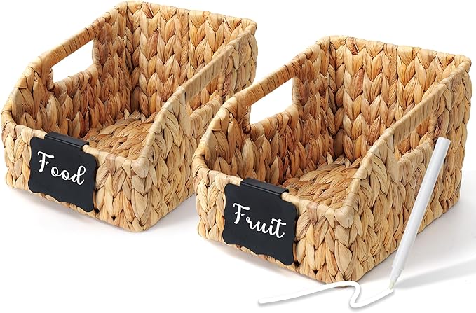 Wicker Baskets for Organizing,Pantry Baskets with Built-in Handles, Handwoven Wicker Storage Basket, Water Hyacinth Storage Bins for Shelves, 3 Pack, Small Natural 2 Set