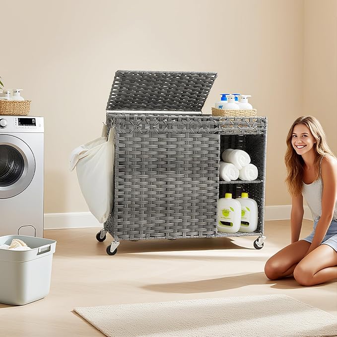 Laundry Hamper with Lid, 160L Rattan Wicker Laundry Basket with Wheels, Handwoven Laundry Hamper 2-Section with Storage shelf(42.3 Gal), Laundry Sorter Basket with Removable Liner, Grey HLH032G