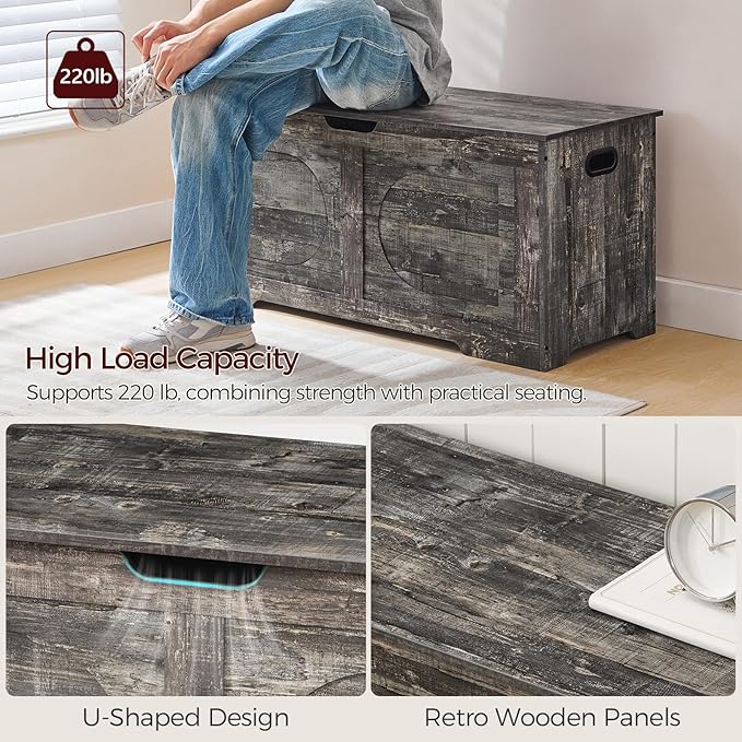 Storage Chest, 39.4” Toy Box, Entryway Storage Trunk, Shoe Bench with Storage, Engineered Wood Storage Cabinet with 2 Safety Hinges, Entrance Bench for Living Room, Vintage Gray SCRP2001
