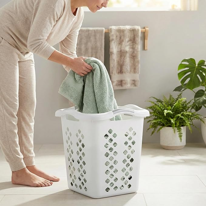 2-Pack Ultra Easy Carry Plastic Laundry Hamper, 2 Bushel Lamper Plastic Laundry Basket with Silver Handles,Dirty Clothes Laundry Hamper Bin for Home, Apartment (White)