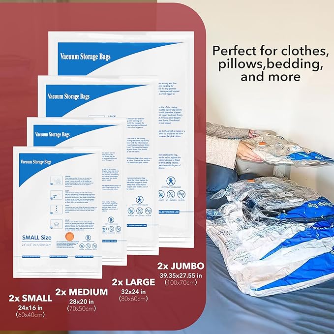 MEIQIHOME Vacuum Storage Bags, Space Saver Sealer Bags,Vacuum seal bags for clothing, Pillows, Comforters, Blankets, Bedding,8 Pack Vacuum Storage Bags with Electric Pump
