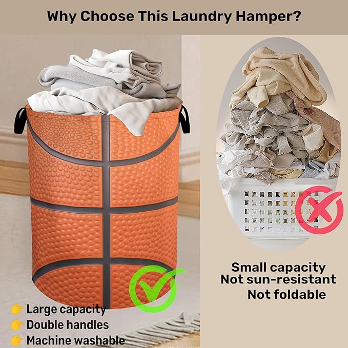 Basketball Laundry Basket with Handles - Extra Large Foldable Hamper for Bathroom/Laundry/Bedroom/Dorm, Washable Fabric Storage Bin