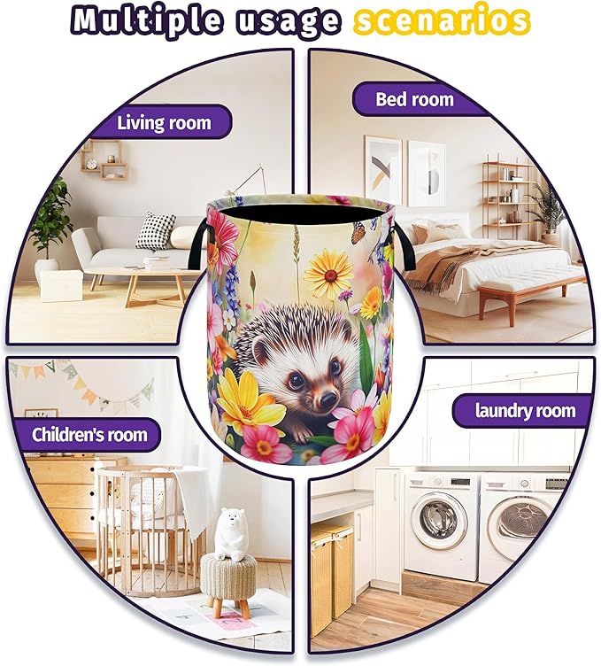 Hedgehog Laundry Basket Oxford Cloth 18.9H x 16.5Dia Foldable with Reinforced Handle Portable Colorful Flowers Storage Organizer for Home Laundry/Bedroom/Kids Room