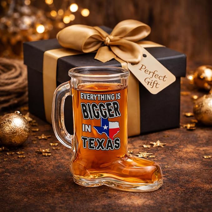 Texas Boot Shot Glass – Everything is Bigger in Texas | Cowboy Boot Shaped Western Glassware | Funny Souvenir Gift, Novelty Party Favor, Country Decor, Collectible Bar Accessory