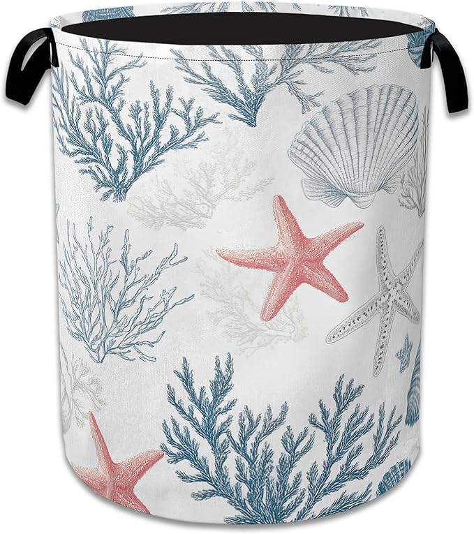Seashell Starfish Ocean Laundry Basket Collapsible Laundry Hamper with Handle, Oxford Clothes Toy Storage Bin for Bathroom Bedroom Room Decor 16" X 20.8"