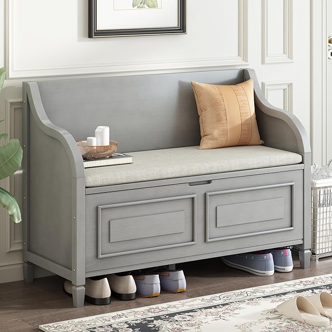 42" Rustic Storage Bench Entryway Bench Shoe Cabinet Ottoman with Safety Hinge, Removable Seat Cushion & Hidden Storage Space for Hallway Entryway Living Room Mudroom End of Bed (Gray Wash)