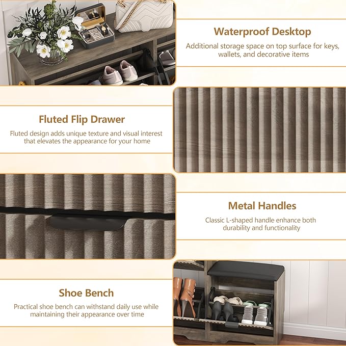 Shoe Cabinet Storage for Entryway with 4 Flip Drawers, Grey Fluted Shoe Cabinet with Bench, Wooden Hidden Shoe Rack Freestanding Narrow Slim Shoes Storage Organizer for Hallway, Entrance