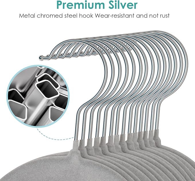 Velvet Hangers Non Slip Felt Hangers, 50 Pack Grey Velvet Clothes Hangers Space Saving Slim with 360 Degree Swivel Hook for Suits Coats, Jackets, Pants, and Dress Clothes