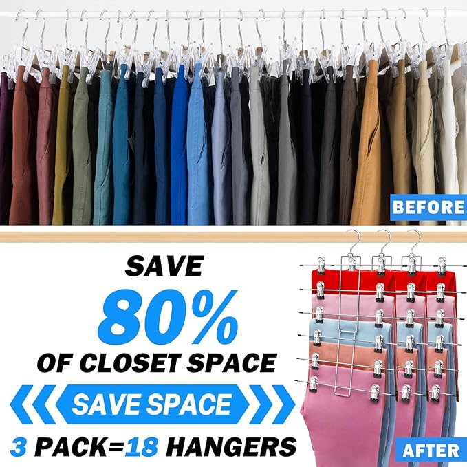 3 Pack Closet Organizers and Storage,6 Tiers Skirt Pants Hangers with Clips Space Saving for Home Organization and Storage,College Dorm Room Essentials for Girls Guys,Wardrobe Clothes Organizer