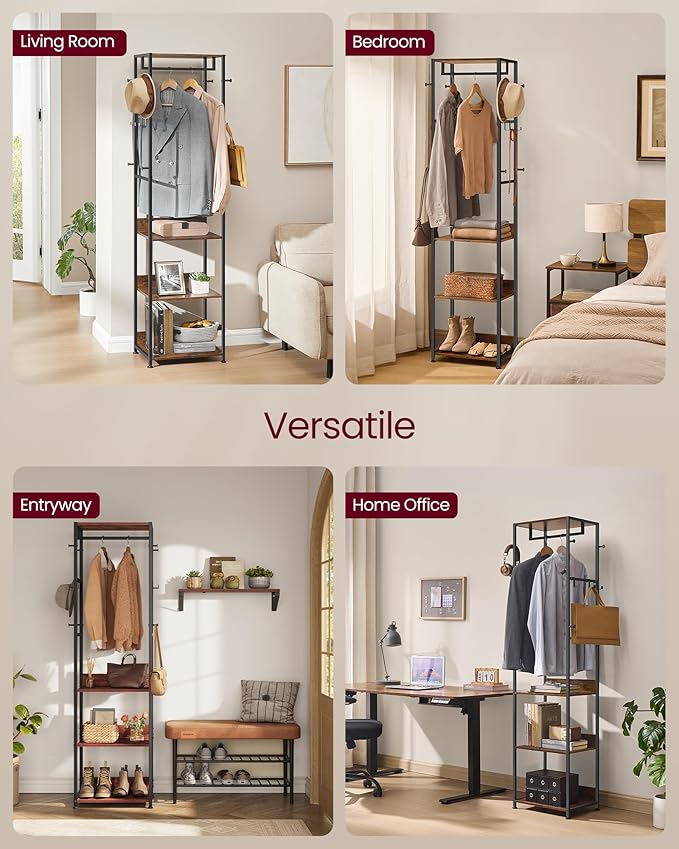 VASAGLE Coat Rack, Freestanding Hall Tree with Shelves, Hanging Rail, and Hooks, Space-Saving Coat Stand, Steel Frame, for Clothing, Bags, Hats, Ink Black and Rustic Brown URCR061BD04