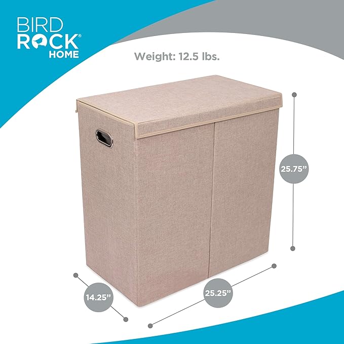BIRDROCK HOME Double Laundry Hamper with Lid and Removable Liners | Linen | Easily Transport Laundry | Foldable Hamper | Cut Out Handles