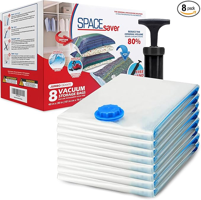 Spacesaver 8 Pack Jumbo Vacuum Storage Bags for Blankets & Clothes – Jumbo Vacuum Sealed Compression Bags with Hand Pump – Space Saver Storage Bags for Bedding, Moving, Travel & Organization