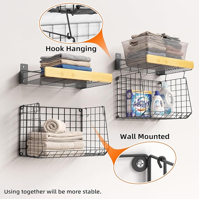 Wall Mounted Laundry Room Shelves, Wire Baskets with 8 Hooks and Hanging Rod, Over The Washer and Dryer Shelf, Drying Rack, Laundry Room Organizer and Storage, 2 Pack Black