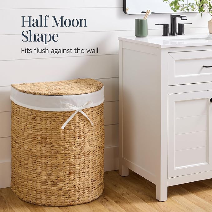 Best Choice Products Half Moon Laundry Hamper w/Lid, Woven Half Round Laundry Basket, w/Removable Liner & Bult-in Handles for Bathroom, Bedroom & Laundry Room - Natural