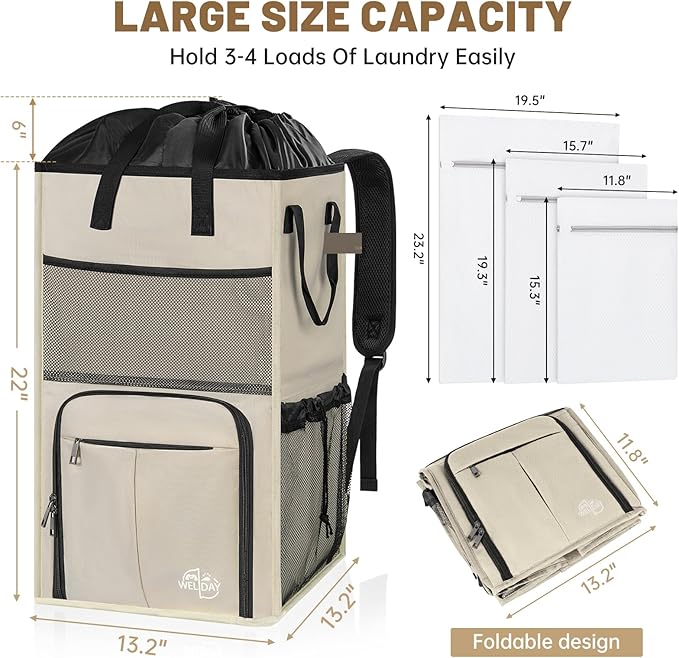95L Laundry Backpack Bag with 3 Sizes Mesh Wash Bags Empty, Extra Large 2 in 1 Laundry Hamper Basket with Shoulder Straps, Freestanding Laundry Bag for College Dorm, Laundromat, Apartment (Beige)