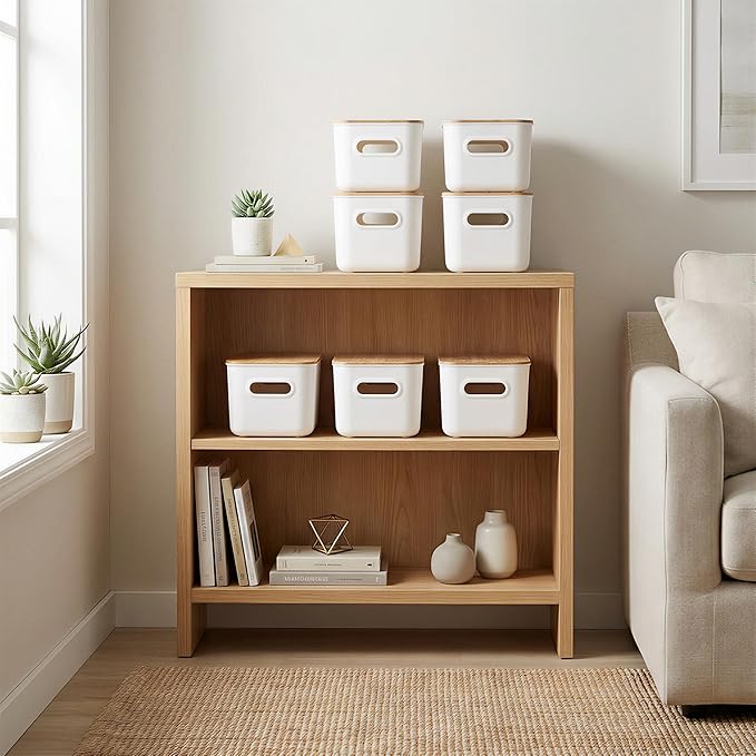 Citylife 4 PCS Storage Bins with Bamboo Lids Plastic Storage Containers for Organizing Stackable Storage Box with Handle, 10.23 x 7.08 x 6.3 inch