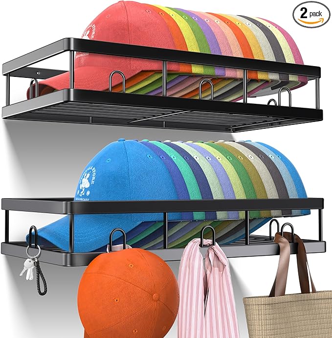 2 Packs Metal Hat Rack for Wall, Holder with Multiple Hooks, Organizer for up to 40 Baseball Caps, Sturdy Wall Drilled Rack, Storage for Door/Closet, Black