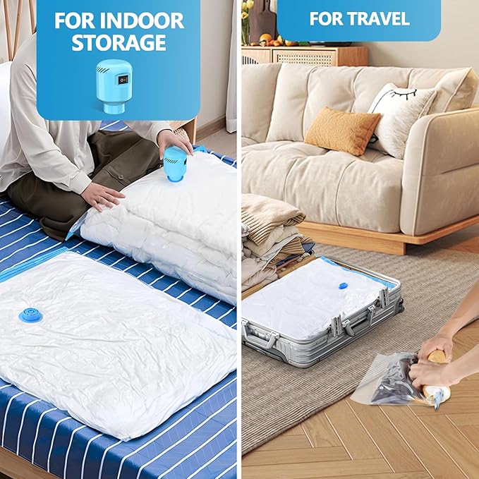 Vacuum Seal Bags for Clothing Travel, 6 Pack Space Saver Vacuum Storage Bags with Electric Pump,Portable Compression Sealer for Clothes, Blankets, Bedding & Travel,Good for Storage and Organization