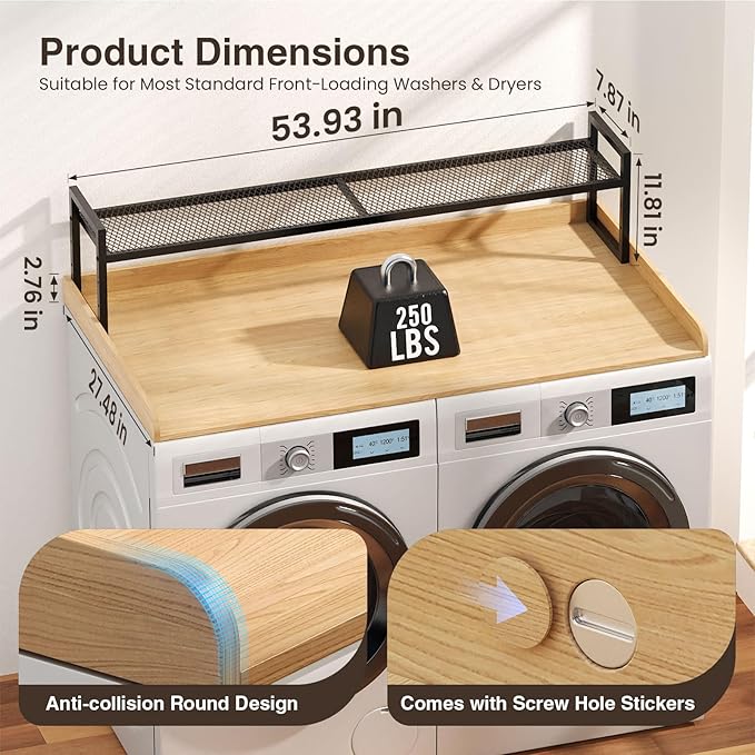 Washer Dryer Countertop with Shelf, 54" x 27.5" Wooden Washer and Dryer Topper, Laundry Countertop with Anti-Slip Pads, Washer Dryer Topper for Laundry Room Organization and Storage (Light Wood)