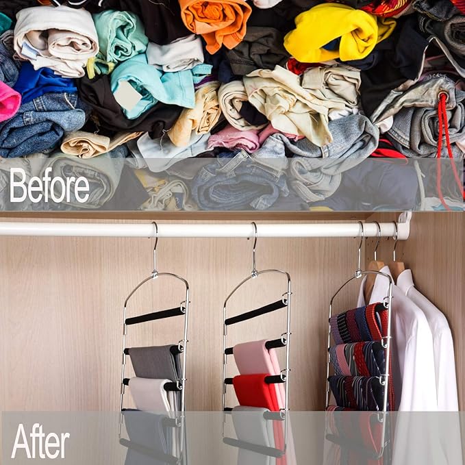 Pants Hangers 5 Layers Metal Slack Magic Hangers Non-Slip Foam Padded Swing Arm Space Saving Hanger Clothes Closet Storage Organizer for Pants Jeans Trousers Skirts Scarf Ties Towels（2 Pack）