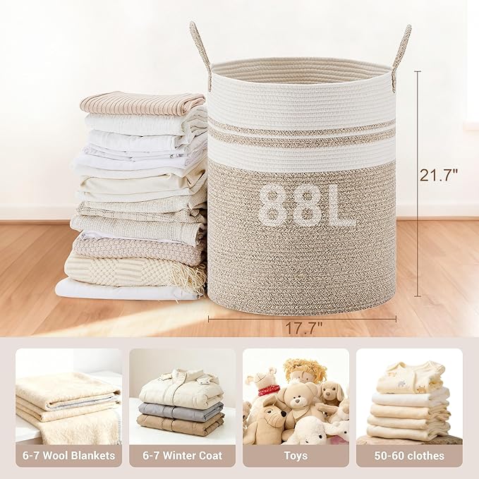 Tall Laundry Basket with Handles, 88L Portable Dirty Clothes Hamper, Boho Cotton Rope Storage Bin for Blankets Kids Toys Gifts, Large Organizer for Baby Nursery Bedroom Bathroom, New Brown