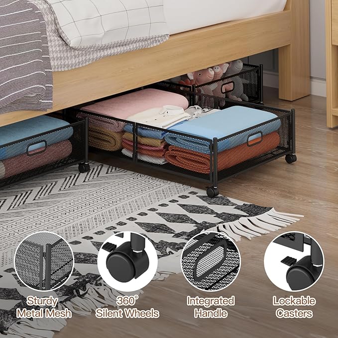 Under Bed Storage with Wheels, Foldable Metal Mesh Underbed Storage Container Bins, Tool-free Assembly Clothes Drawer Organizer, 2Pack