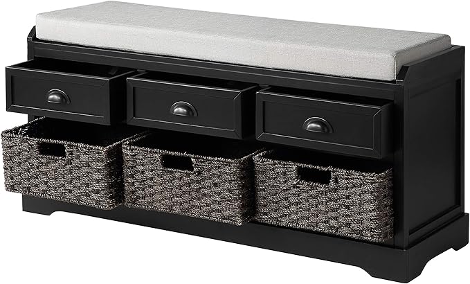 Merax Classic Wood Entryway Bench with 3 Drawers, 3 Rattan Basket Shoe Cabinet for Hallway Front Door Black