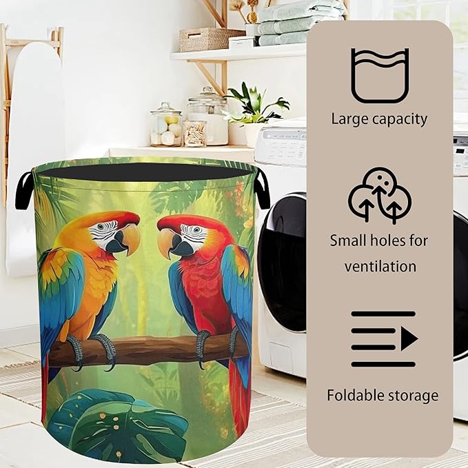 Tropical Parrot Foldable Laundry Hamper - Waterproof Fabric Storage Basket with Handles, Clothes Hampers for Laundry,Bedroom,Dorm