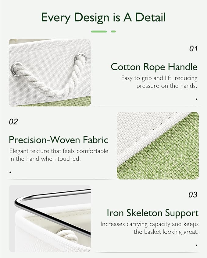 11 Inch Cube Storage Bins, 4 Pack Fabric Storage Cubes with Rope Handles, Organizer Baskets for Closet Shelves, Clothes and Home Organization(White/Green)