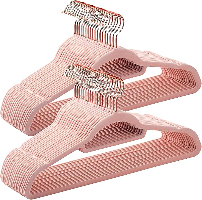 Pink Velvet Hangers 50 Pack - Rose Gold Hook, Space Saving Non-Slip Clothes Hangers, 16.5 Inch with Tie Bar for Coats,Sweater,Jackets,Dresses, Shirts, Suits & T-Shirts