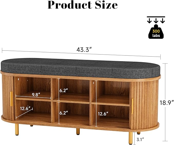Entryway Bench with Storage: 43.31" Wooden Bedroom Shoe Bench with Thickened Padded Seat Cushion, Mid Century Modern Fluted Sliding Door and Adjustable Shelf, for Entryway, Living Room