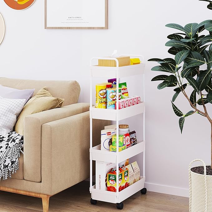 Buzowruil Rolling Storage Cart 4 Tier Organizer Mobile Shelving Unit Storage Rolling Utility Cart with Wheels for Kitchen Bathroom Laundry,White