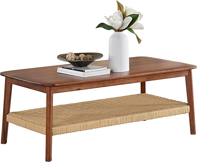 Alaterre Furniture Calais Coffee Table - 48-Inch Living Room Table with Woven Shelf - Solid Acacia Wood Coffee Table (Warm Chestnut)