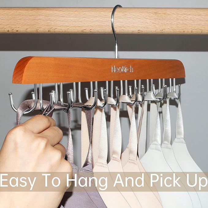 Bra Hanger for Closet Organizers and Storage | Space Saving Wooden Hanger | 20 Steel Hooks for Tank Tops, Camis, Hats, Lingeries, Belts, Ties, Scarfs Holder| 360° Rotating Non-Slip (1, Natural)
