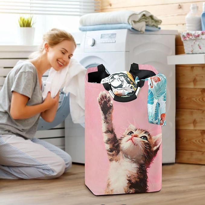 xigua Kitten Large Laundry Hamper with Handle, Foldable Clothes Hamper Collapsible Storage Basket for Toys and Clothes Organization in Bedroom, Bathroom, and Laundry Room