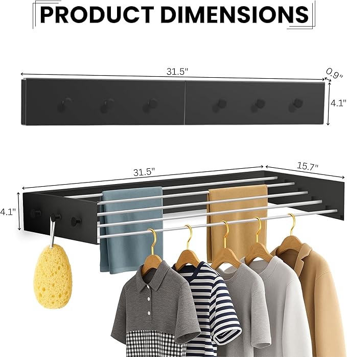 Wall Mounted Drying Racks for Laundry (31.5 Inches Wide) – Retractable Clothes Drying Rack Wall Mounted with Carbon Steel Panel 6 Knobs & 5 Aluminium rods, Wall Drying Rack with Screws (Black)