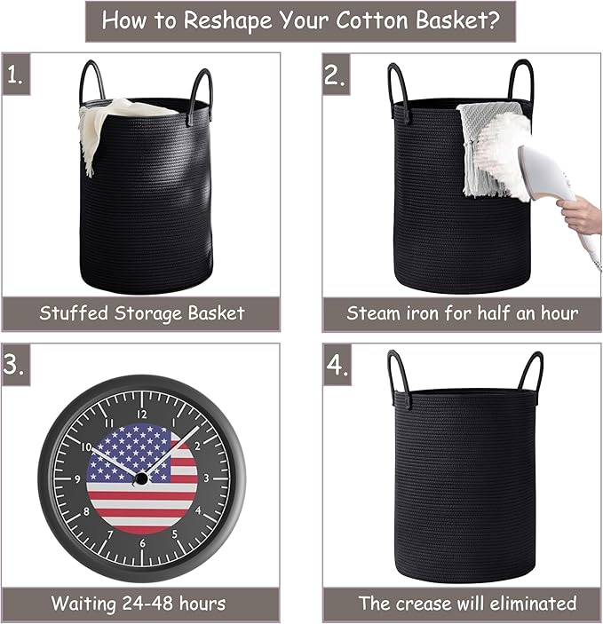 80L Black Woven Rope Hamper Laundry Basket for Clothes Tall Modern Blanket Storage Basket in Living Room Bedroom Extra Large